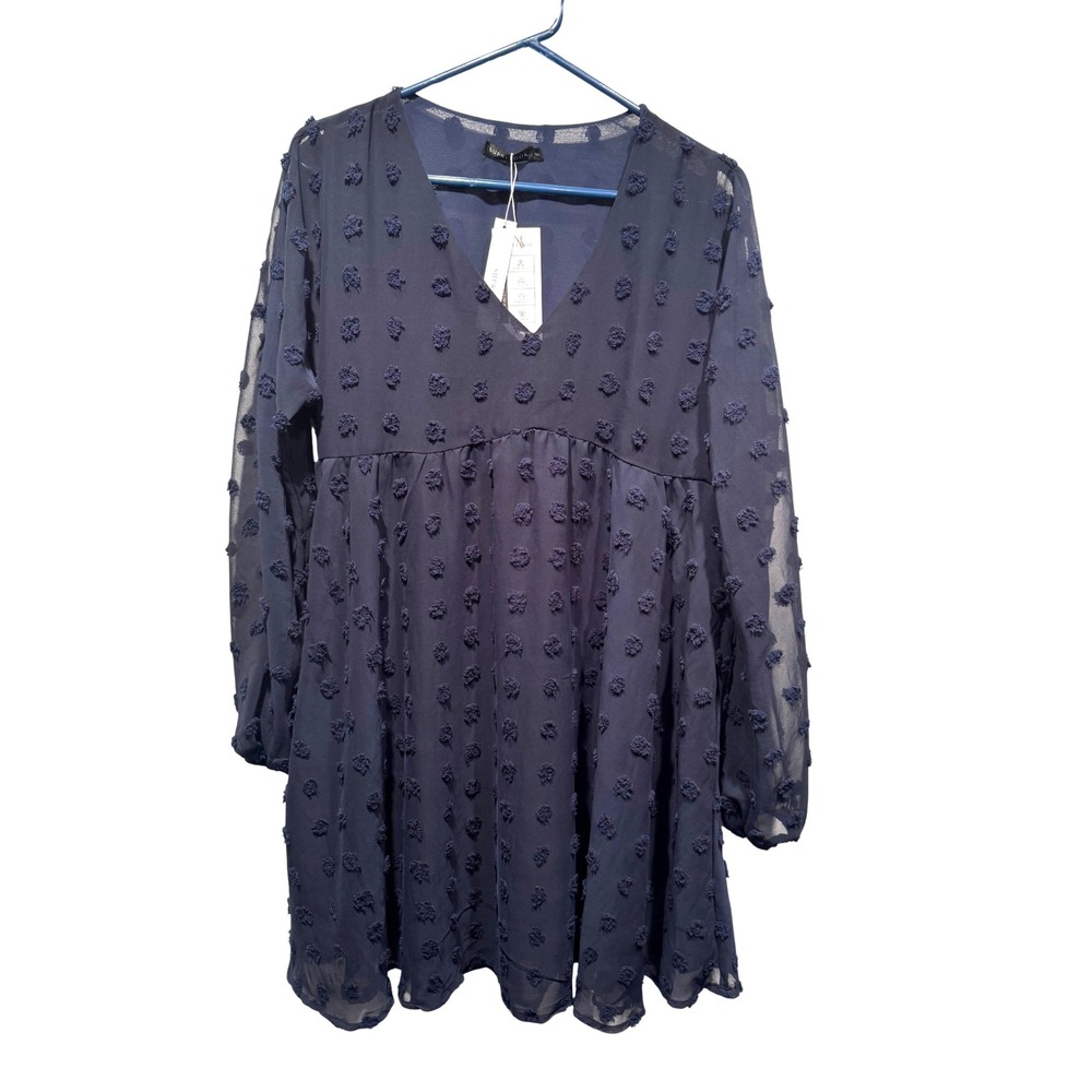 SUPRELÖÖK Navy Blue Textured Chiffon V Neck‎ Babydoll Mini Dress Size S
